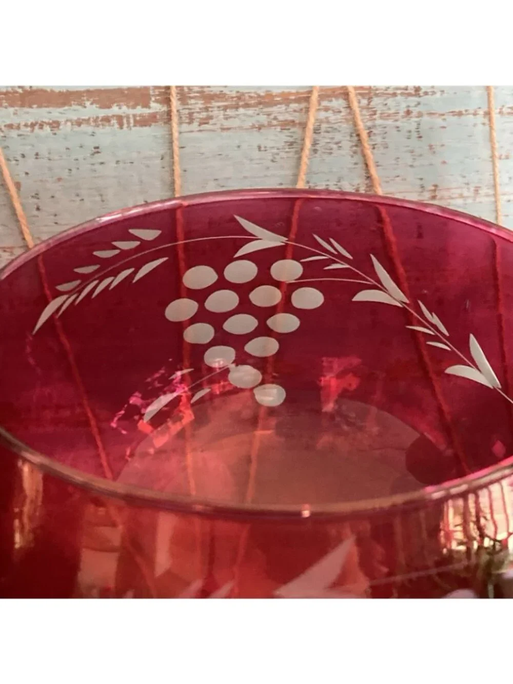 Cranberry Glass Cut To Clear Etched Grapes Balloon Wine Glasses 7.5” Set of 2
